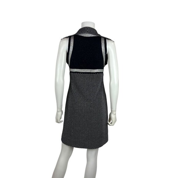 Vintage 70s Silver Mini Dress Womens XS Chevron Lurex Metallic Pointed Collar - Picture 10 of 11